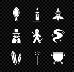 Wall Mural - Set Magic hand mirror, Burning candle in candlestick, Wizard warlock, stone, wand, Witch cauldron, Magician and Voodoo doll icon. Vector