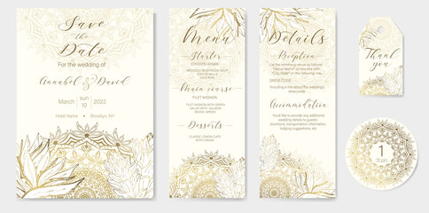 Big set of 5 luxury wedding invitation templates with gold outline tropical flowers and mandala.