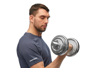 Poster - fitness, sport and bodybuilding concept - man exercising with dumbbells over white background