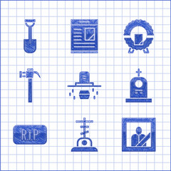 Sticker - Set Grave with coffin, cross, Mourning photo frame, tombstone, Speech bubble rip death, Hammer, Memorial wreath and Shovel icon. Vector