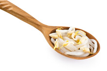 Wooden spoon with canned mung bean sprouts isolated on white background. With clipping path.
