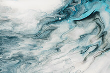 Fluid Art. Liquid Transparent White And Blue Abstract Paint Drips And Wave. Marble Effect Background Or Texture