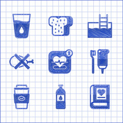 Sticker - Set Mobile with heart rate, Bottle of water, Medical book, Toothbrush and toothpaste, Coffee cup go, No meat, Swimming pool ladder and Glass icon. Vector