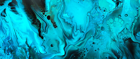 Wall Mural - Fluid Art. Blue abstract wave swirls on black banner. Marble effect background or texture