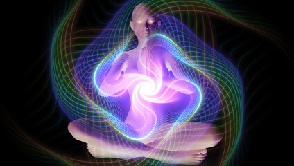 Wall Mural - Silhouette of a girl in Lotus position on the background of the fractal universe. A state of trance and deep meditation. A spiritual journey in the universe. 3D illustrations.