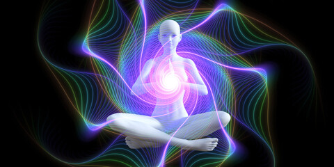 Wall Mural - Silhouette of a girl in Lotus position on the background of the fractal universe. A state of trance and deep meditation. A spiritual journey in the universe. 3D illustrations.