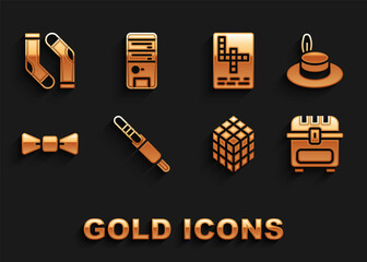 Sticker - Set Audio jack, Man hat, Antique treasure chest, Rubik cube, Bow tie, Crossword, Socks and Computer icon. Vector