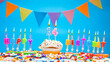 © Andrii - Candle letters word happy birthday to a child with the number fourteen on a beautiful blue background. Copy space Happy birthday greetings for 14 years old, lit candles with holiday decorations.