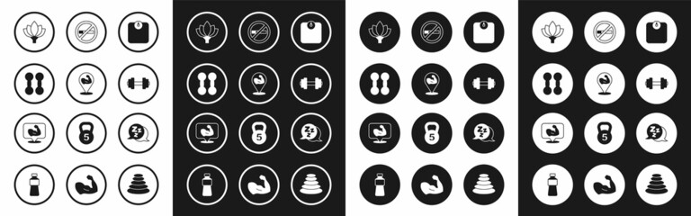 Sticker - Set Bathroom scales, Bodybuilder muscle, Dumbbell, Lotus flower, No Smoking, Sleepy and icon. Vector