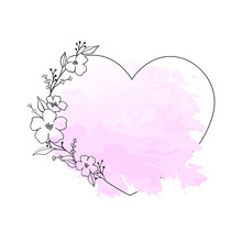 Hand Drawn Gray Poppy Flower Heart Frame In Cute Doodle Style On Pink Watercolor.Luxury Vector Llustration