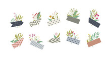 Set Of Pieces Of Washi Tape With Flowers. Cute Crafty Decorations. Flat Freehand Illustrations. Vector Isolated On White.