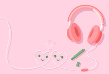The Pink Headphone Is Wired To Connect Two Heart-shaped In Love On Isolated Pink Background. Vector Illustration Cartoon Flat Design For Banner, Poster, Presentation, And Wallpaper. Valentines Day Con