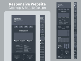 Wall Mural - design website dark mode. desktop and mobile wireframe. landing page template.