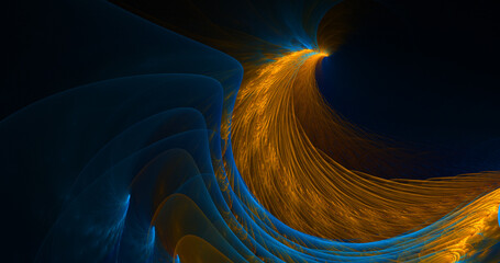 Wall Mural - Abstract colorful yellow and blue feathers on a dark background. Glowing fractal shapes. Digital fractal art. 3d rendering.