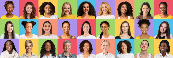 Beautiful multiracial young women smiling on colorful backgrounds, set