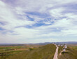 Panoramic view of windmills in Consuegra, Spain. The windmills are the giants described in Cervantes Novel 