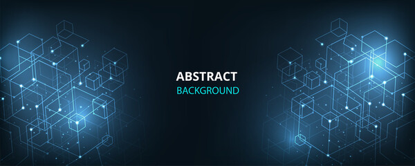 Aufkleber -  Geometric shape and connection with 3d cubes on dark blue background.Vector graphics. 