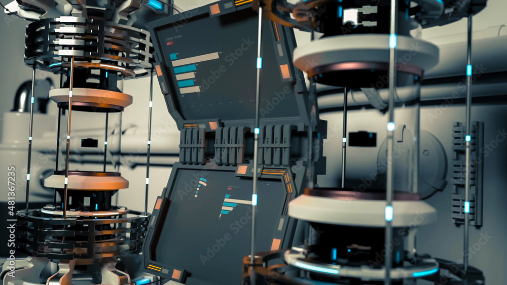 Futuristic generic laboratory equipment and displays. 3D rendering ...