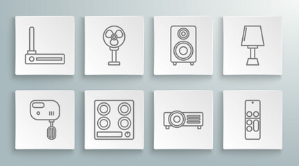 Sticker - Set line Electric mixer, fan, Gas stove, Remote control, Stereo speaker, Table lamp and Router and wi-fi signal icon. Vector