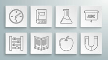 Set Line Abacus, Book, Open Book, Apple, Magnet, Test Tube And Flask Chemical Laboratory, Chalkboard And Clock Icon. Vector