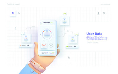 Wall Mural - Classification of user data. The hand holds the phone. Mobile application for data analysis and accounting. File management. Sharing. Electronic report. Vector illustration in 3d style