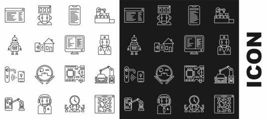 Set line Global technology or social network, Robot doctor, Computer api interface, Smart home, Software, web developer programming code and monitor screen icon. Vector