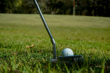 Wall Mural - Golf clubs and ball on a green lawn in a beautiful golf course with morning sunshine.