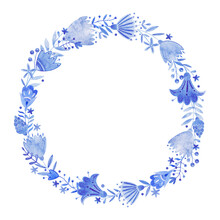 Watercolor Frame With Blue Flowers, Berries, Branches, Leaves And Much More. Perfect For Decorating Tableware, Stickers, Scrapbooking, Invitations, Logo And More