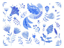 A Set Of Hand-painted Leaves, Flowers And Birds In Watercolor In Blue Tones. Decorative Flowers Isolated On A White Background
