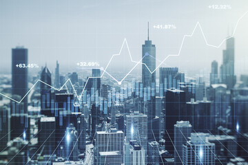 Wall Mural - Multi exposure of virtual creative financial chart hologram on Chicago skyscrapers background, research and analytics concept