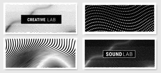 Vector set of abstract black and white illustration of different decorative geometric background with wave line and dot pattern for banner, print, poster