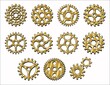 Set of gold, brass gears in retro style. Good for decoration in steampunk style. Vector.