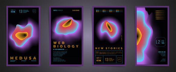 Japanese means - modern. Black psychedelic or science, square template design for poster or stories cover. Futuristic gradient glitch or distortion, japanese design card template with technology print