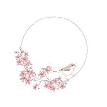 Sakura Cherry Blossom Hand Drawn Flower Frame With Bird Vector Illustration Isolated On White. Vintage Romantic Spring Floral Round Frame. Botanical Floral Arrangement For Happy Easter Design.