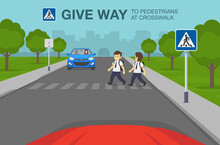 Safety Car Driving And Traffic Regulating Rules. Cars Stopped At  Crosswalk. Traffic Or Road Sign Indicates Pedestrian Crossing. Give Way To Pedestrians. Flat Vector Illustration Template.