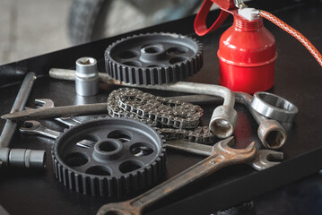 Canvas Print - Car repair service workbench close up background.