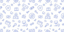 Cybersecurity Blue Seamless Pattern. Vector On White Background Included Line Icons As Outline Hacker, Fingerprint, Shield, Phishing, Computer, Laptop, Shield, Network Pictogram For Digital Safety
