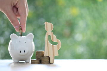 Pregnant woman with piggy bank and gold coin money on natural green background,Save money for prepare in future and newborn baby concept