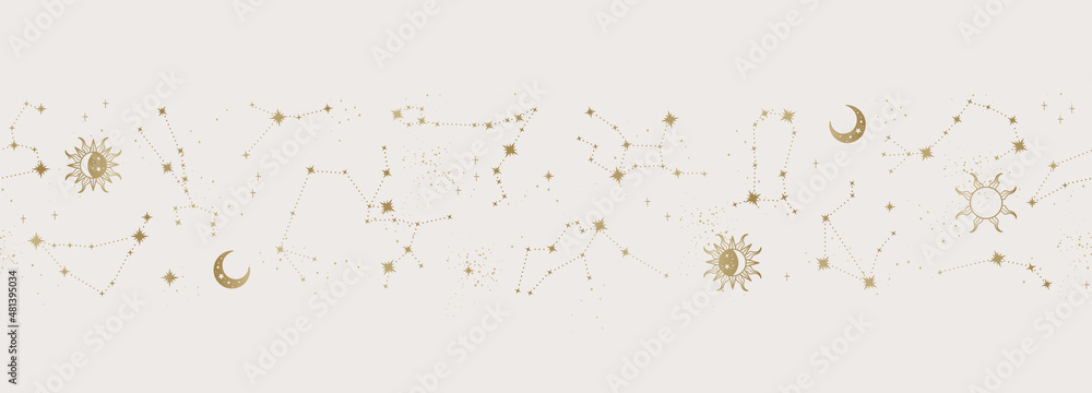 Trendy astrology seamless pattern, zodiac background hand drawn, stars ...