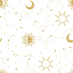 trendy astrology seamless pattern, zodiac background hand drawn, stars, moon, space, great for texti