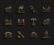 Set Line Jumping Trampoline, Baseball Bat With Ball, Horse Saddle Swing, Ferris Wheel, Sand Tower, Volleyball Net, Toy Train And Street Light Icon. Vector