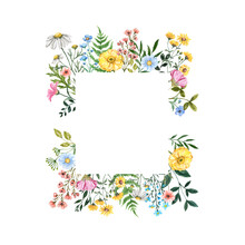 Watercolor Pastel Wildflower Frame, Floral Wreath Template. Invitation Or Card Design. Hand Painted Graphic.