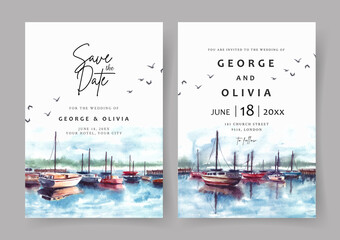 Wall Mural - Wedding invitation of nature landscape with harbor and boat watercolor