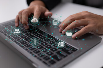 Aufkleber - Businessman is using a computer to think about document management, an online documentation database, digital file storage software, records keeping, database technology, file access, and docs.