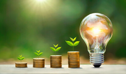 Wall Mural - light bulb on wood with young plant growing on coins stack. saving power energy and save money
