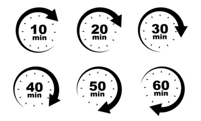 Stopwatch timer icon set. Countdown timer collection. Stopwatch with minute and arrow. Arrow in circle. Stock vector illustration