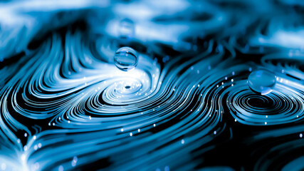 Wall Mural - animation of blue abstract curved lines and shapes with glass spheres above them. shallow depth of f
