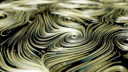 Wall Mural - animation of golden abstract curved lines and shapes with glass spheres above them. shallow depth of