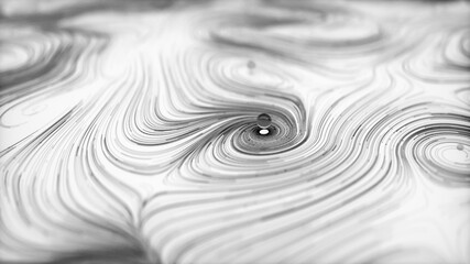 Wall Mural - animation of black on white abstract curved lines and shapes with glass spheres above them. shallow 