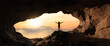 © edb3_16 - Dramatic Adventurous Scene with Woman standing inside a Rocky Cave Landcspae. 3d Rendering. Sunset Sky. Aerial Mountain Image from British Columbia, Canada. Adventure Concept